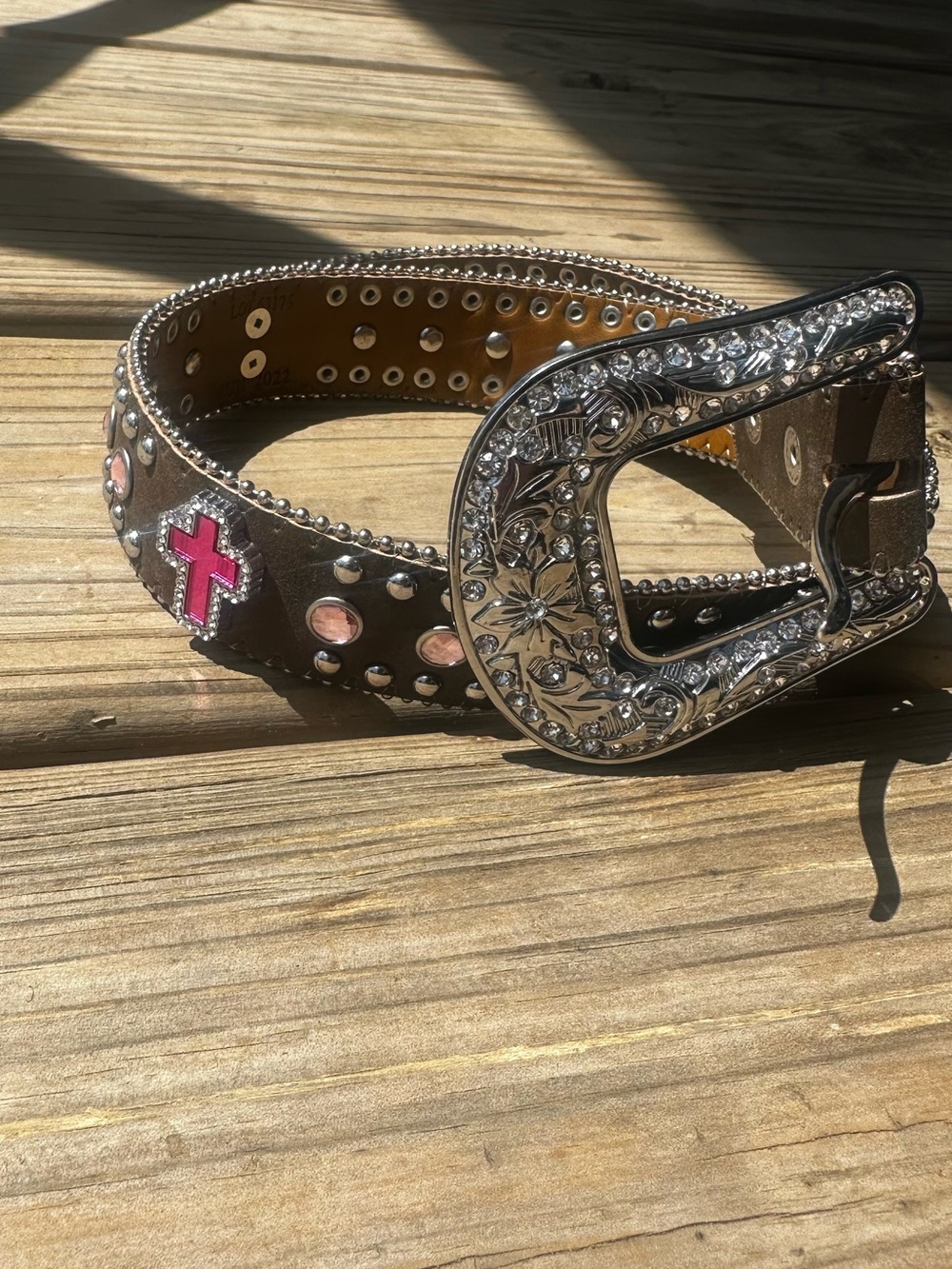 Nocona Girls Western Rhinestone Buckle Brown Leather Belt with Pink Cross Accent